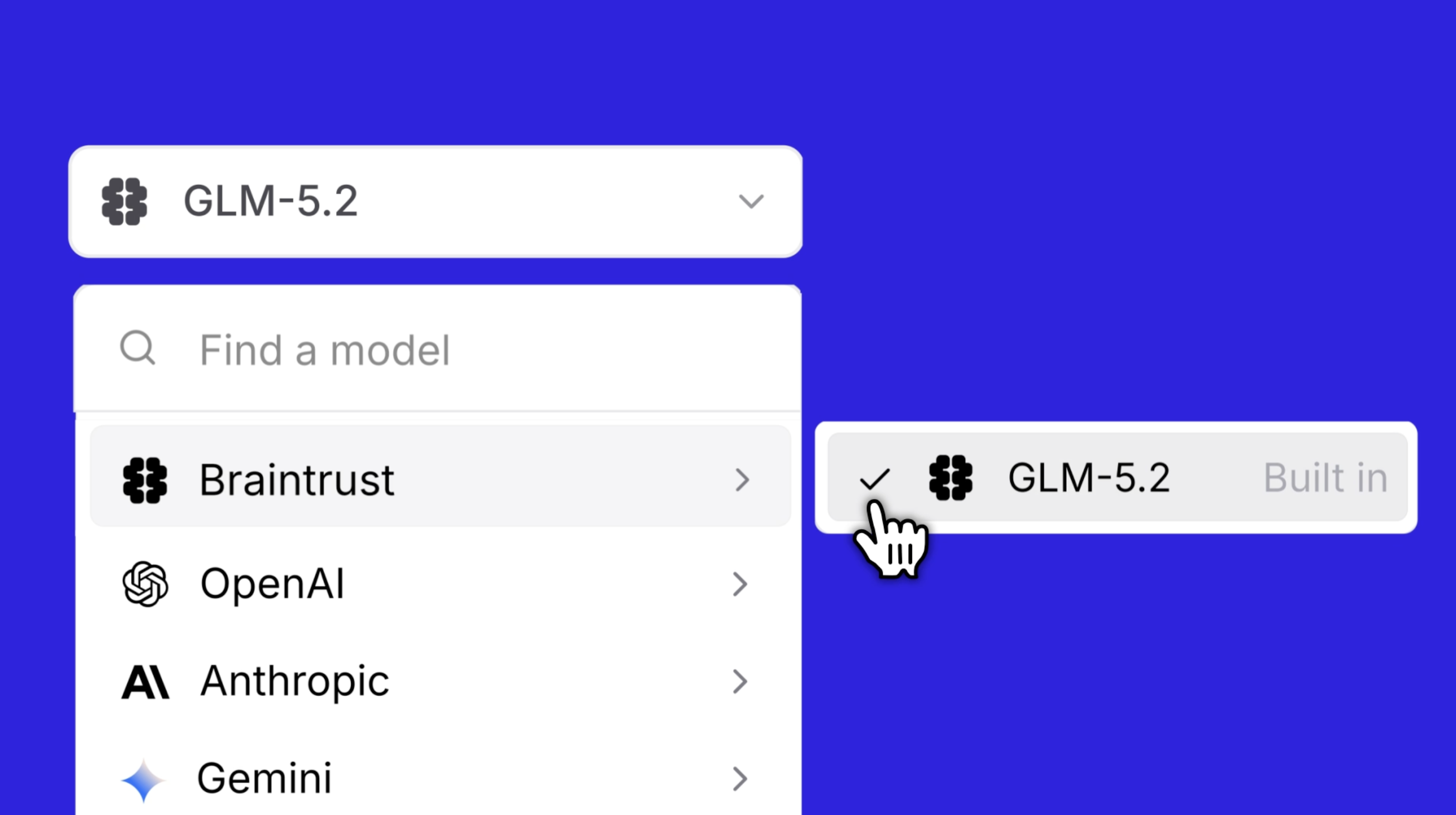 Selecting GLM-5.2 from the Braintrust model picker, shown as a built-in option